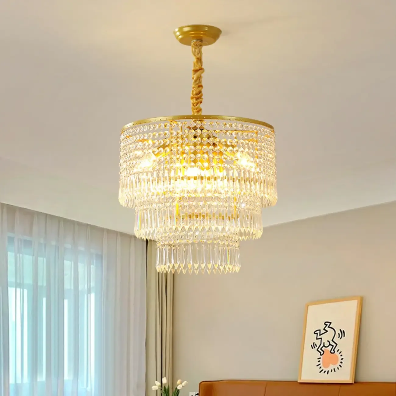 Modern Gold Crystal Drum Chandelier Image - 3