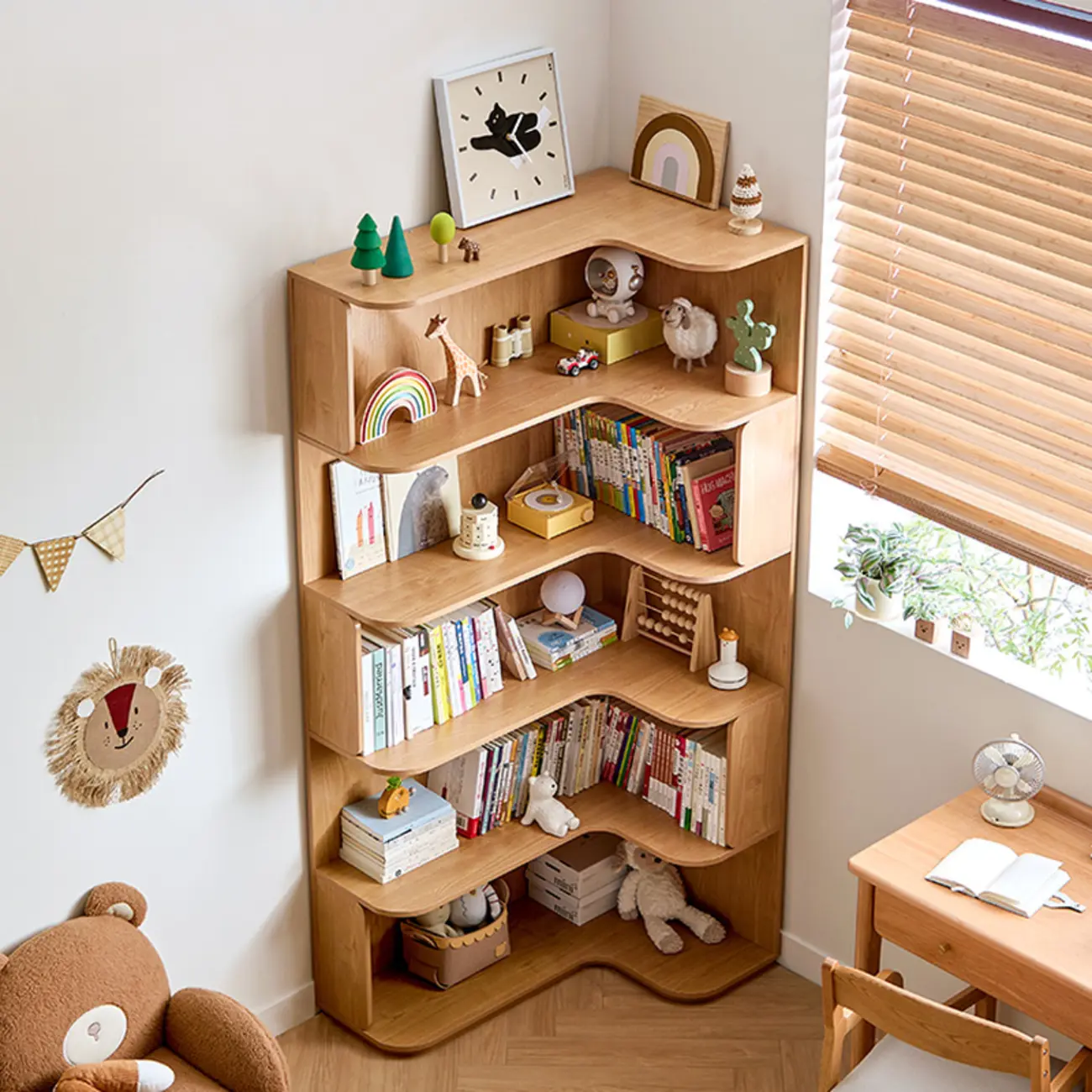 Medium 5-Tier Modern Natural Wood Corner Bookshelf Image - 2 | homeyfad