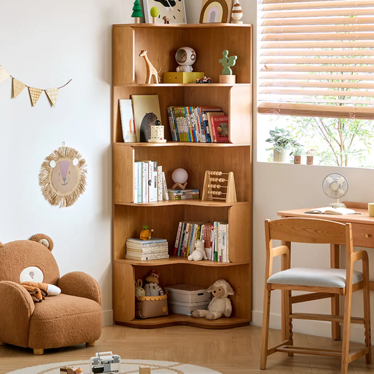 Medium 5-Tier Modern Natural Wood Corner Bookshelf Image - 1 | homeyfad