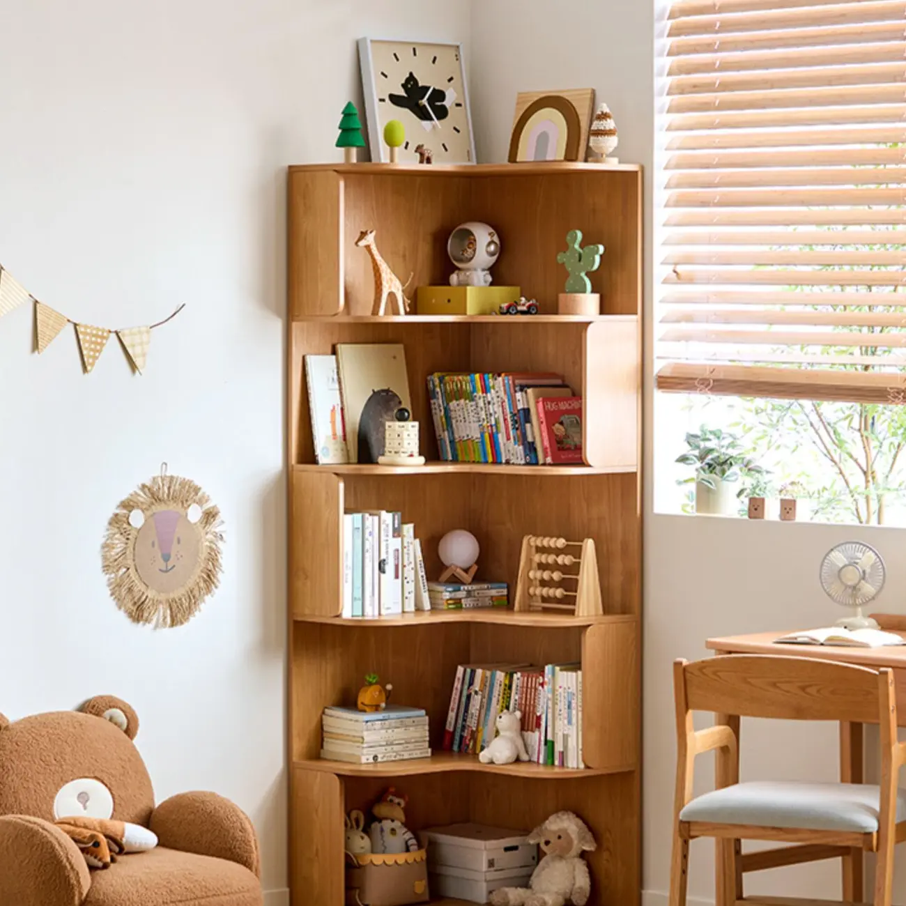 Medium 5-Tier Modern Natural Wood Corner Bookshelf Image - 8 | homeyfad