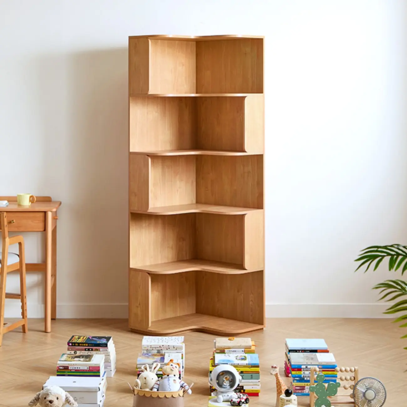 Medium 5-Tier Modern Natural Wood Corner Bookshelf Image - 12 | homeyfad