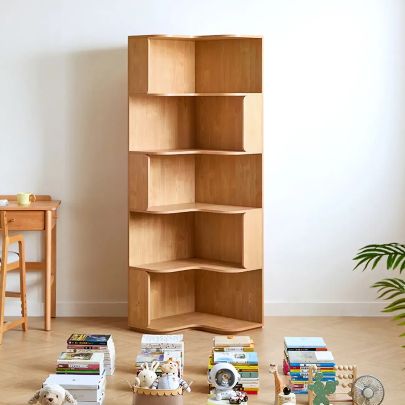 Medium 5-Tier Modern Natural Wood Corner Bookshelf Image - 12