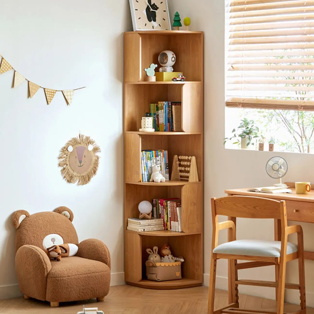 Medium 5-Tier Modern Natural Wood Corner Bookshelf Image - 13 | homeyfad