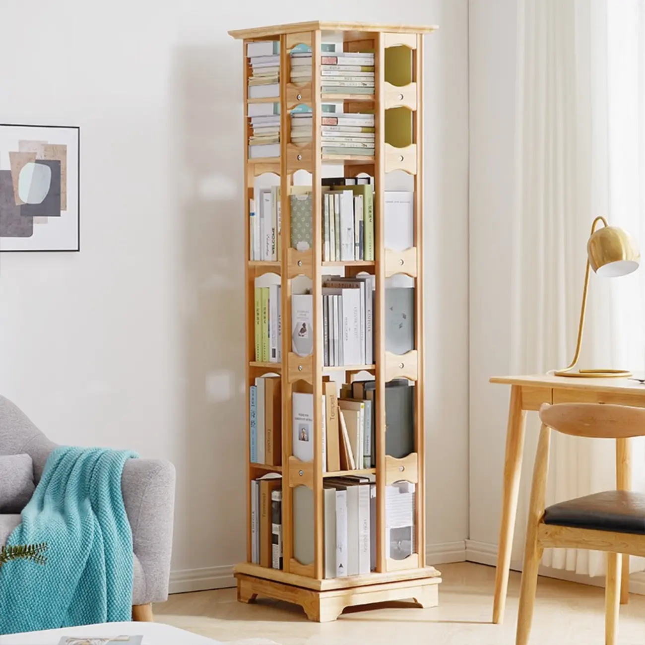 Natural Wooden Rotatable 5-Shelf Etagere Bookcase Image - 1 | homeyfad