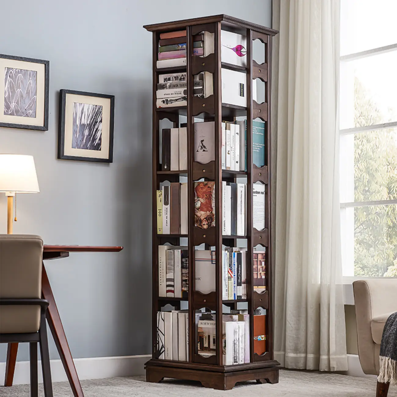 Natural Wooden Rotatable 5-Shelf Etagere Bookcase Image - 2 | homeyfad