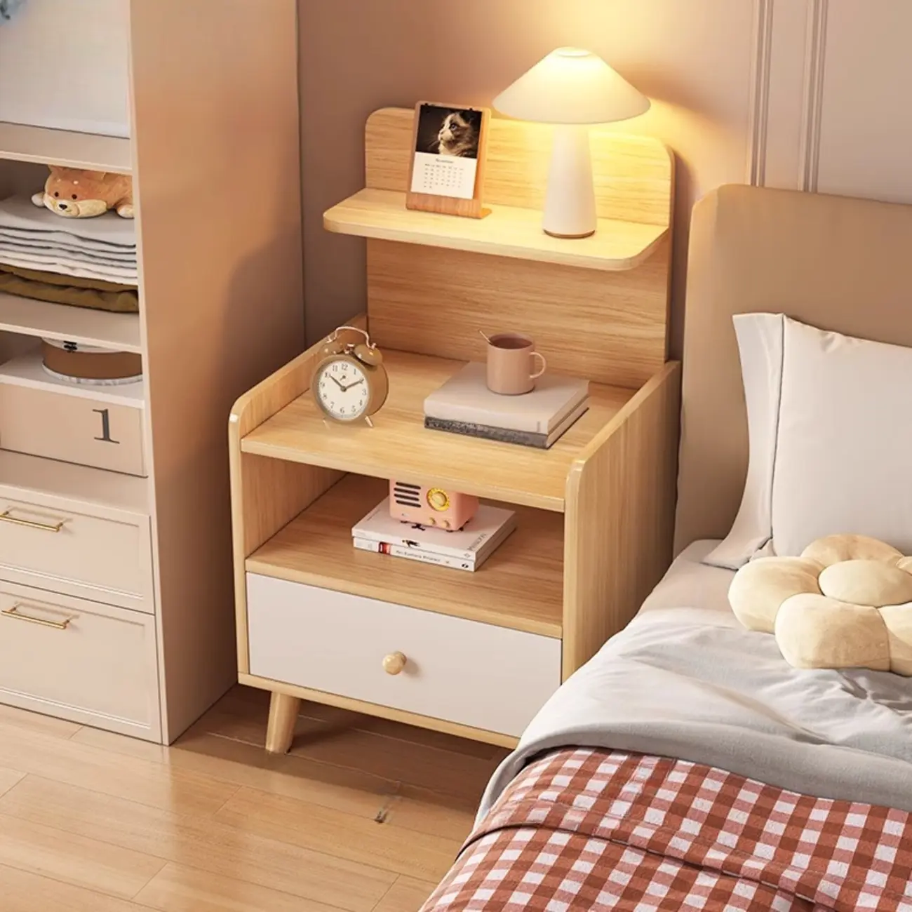 Wooden Modern Open Storage Nightstand with Drawers Image - 1 | homeyfad