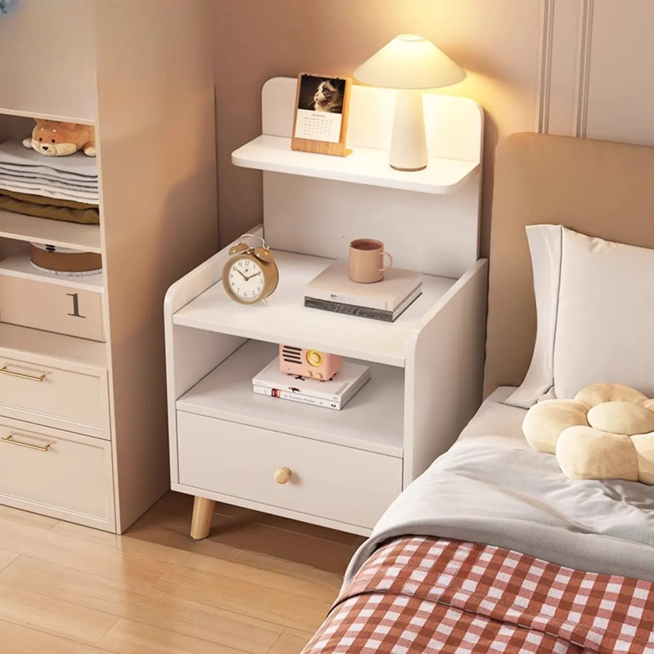 Wooden Modern Open Storage Nightstand with Drawers Image - 10 | homeyfad