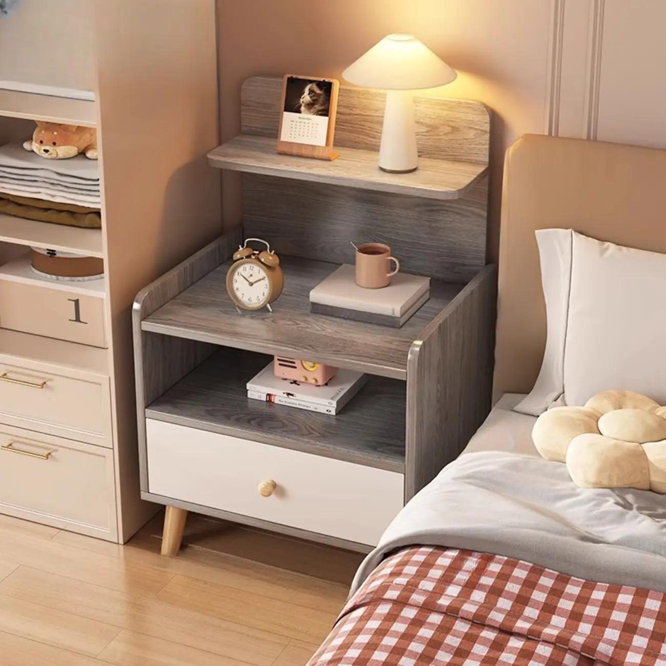 Wooden Modern Open Storage Nightstand with Drawers Image - 9 | homeyfad