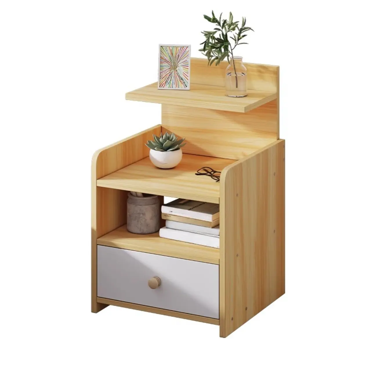 Wooden Modern Open Storage Nightstand with Drawers Image - 15 | homeyfad