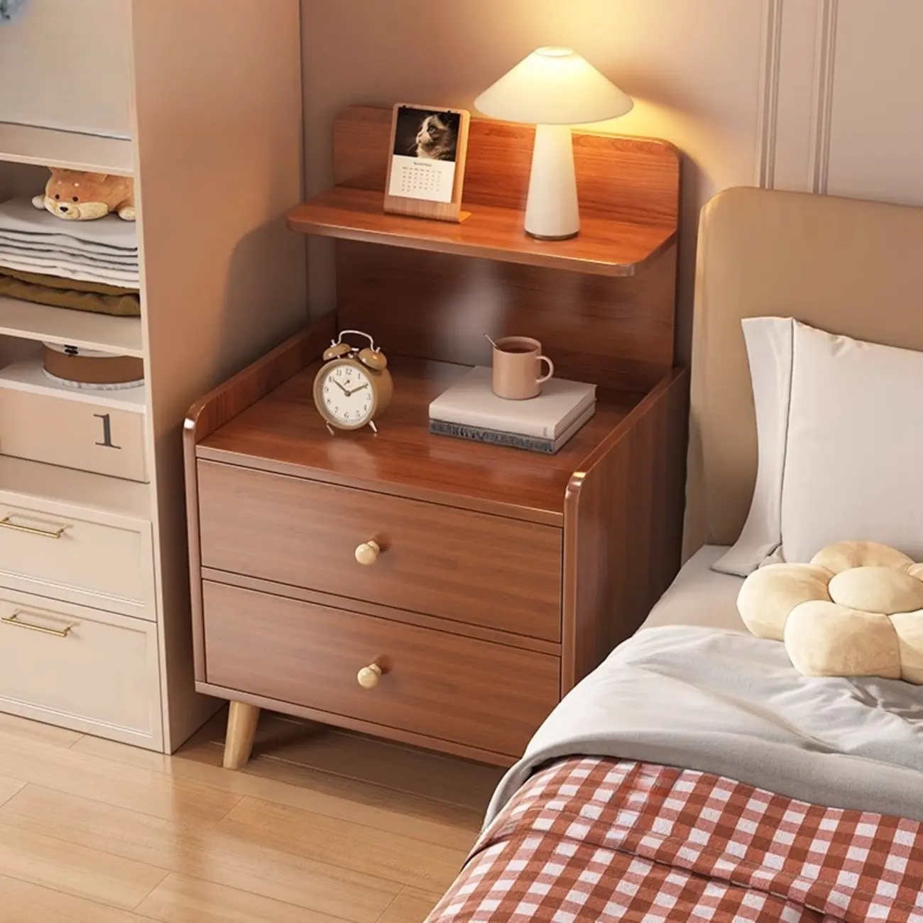 Wooden Modern Open Storage Nightstand with Drawers Image - 12 | homeyfad