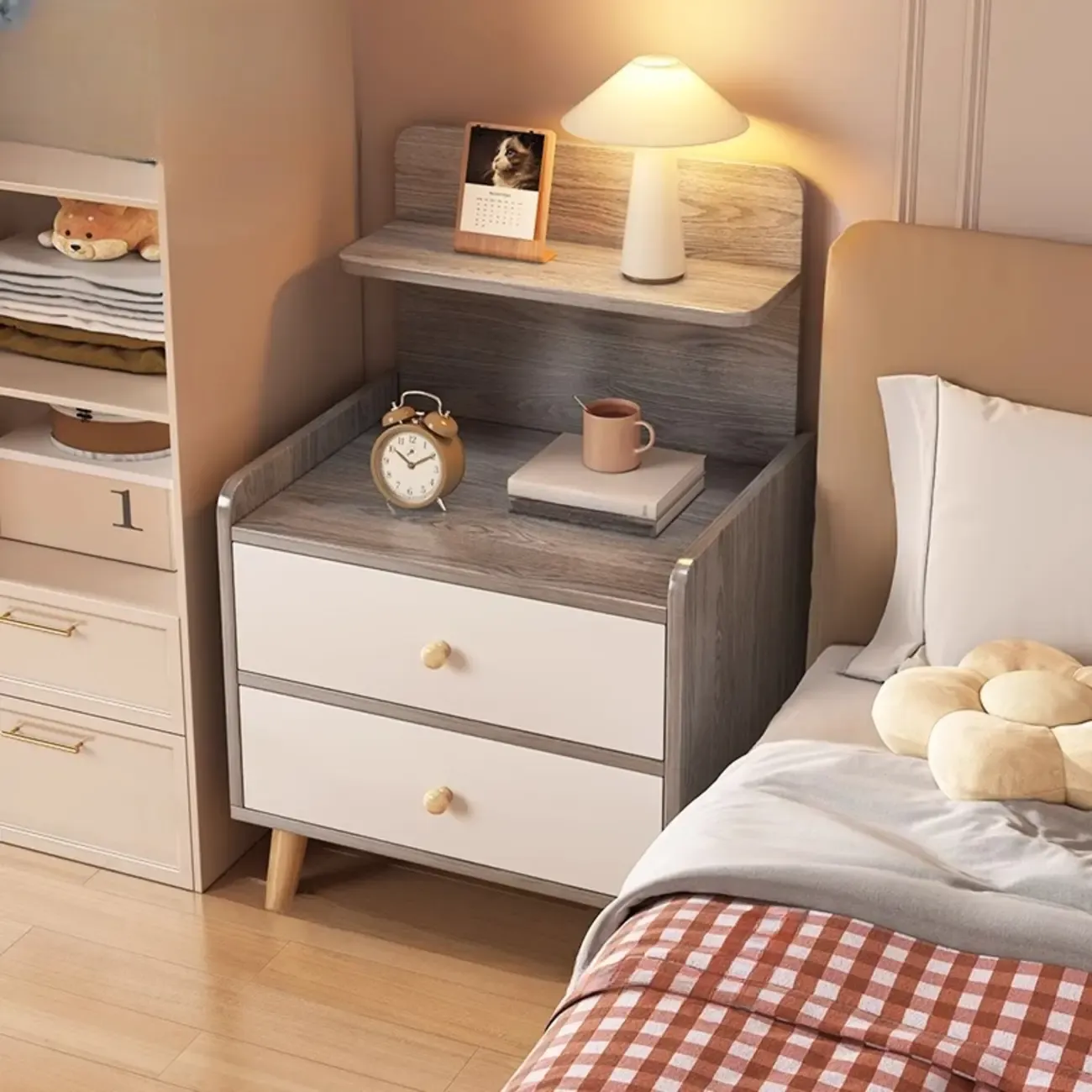 Wooden Modern Open Storage Nightstand with Drawers Image - 13