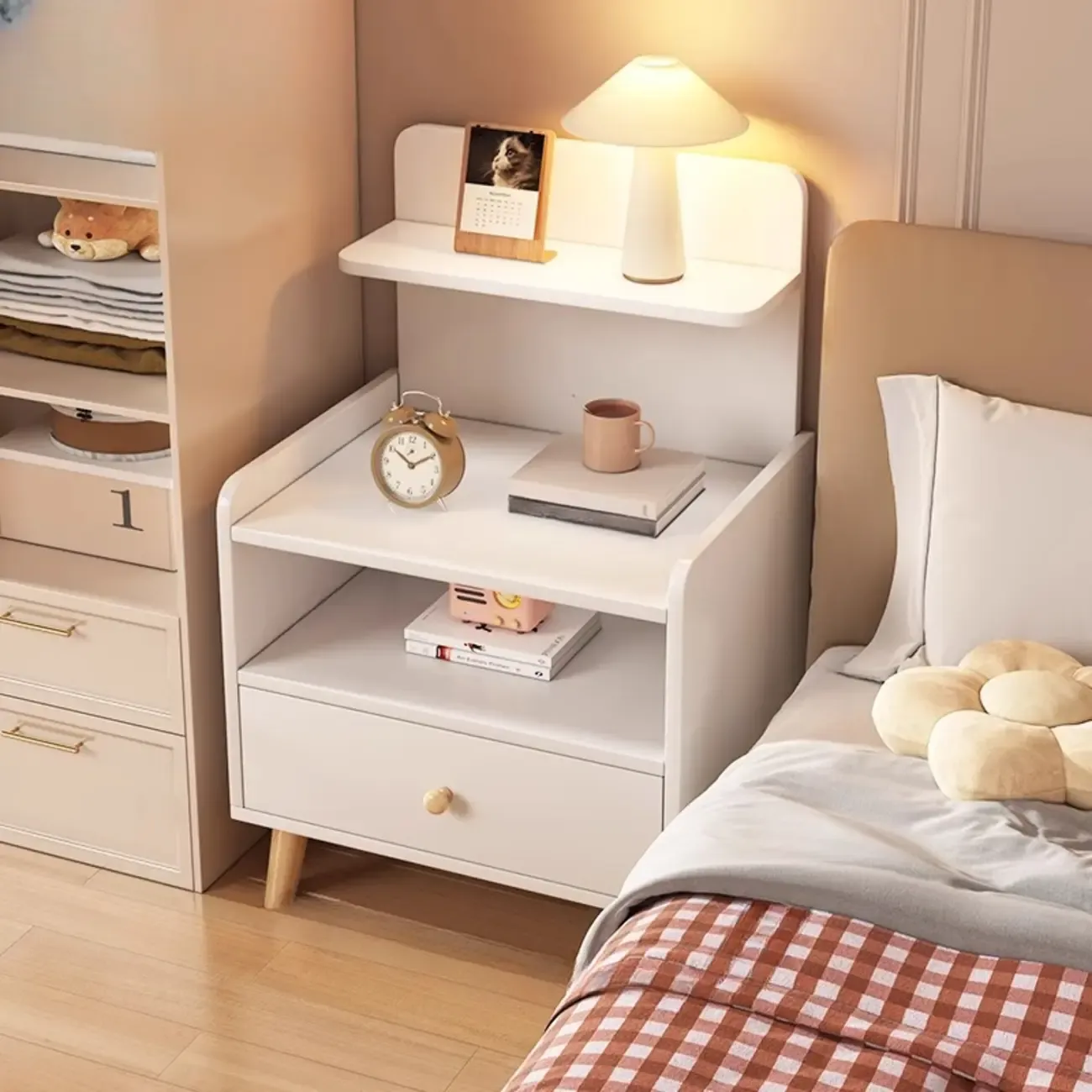 Wooden Modern Open Storage Nightstand with Drawers Image - 6