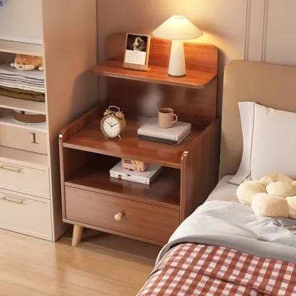 Wooden Modern Open Storage Nightstand with Drawers Image - 11