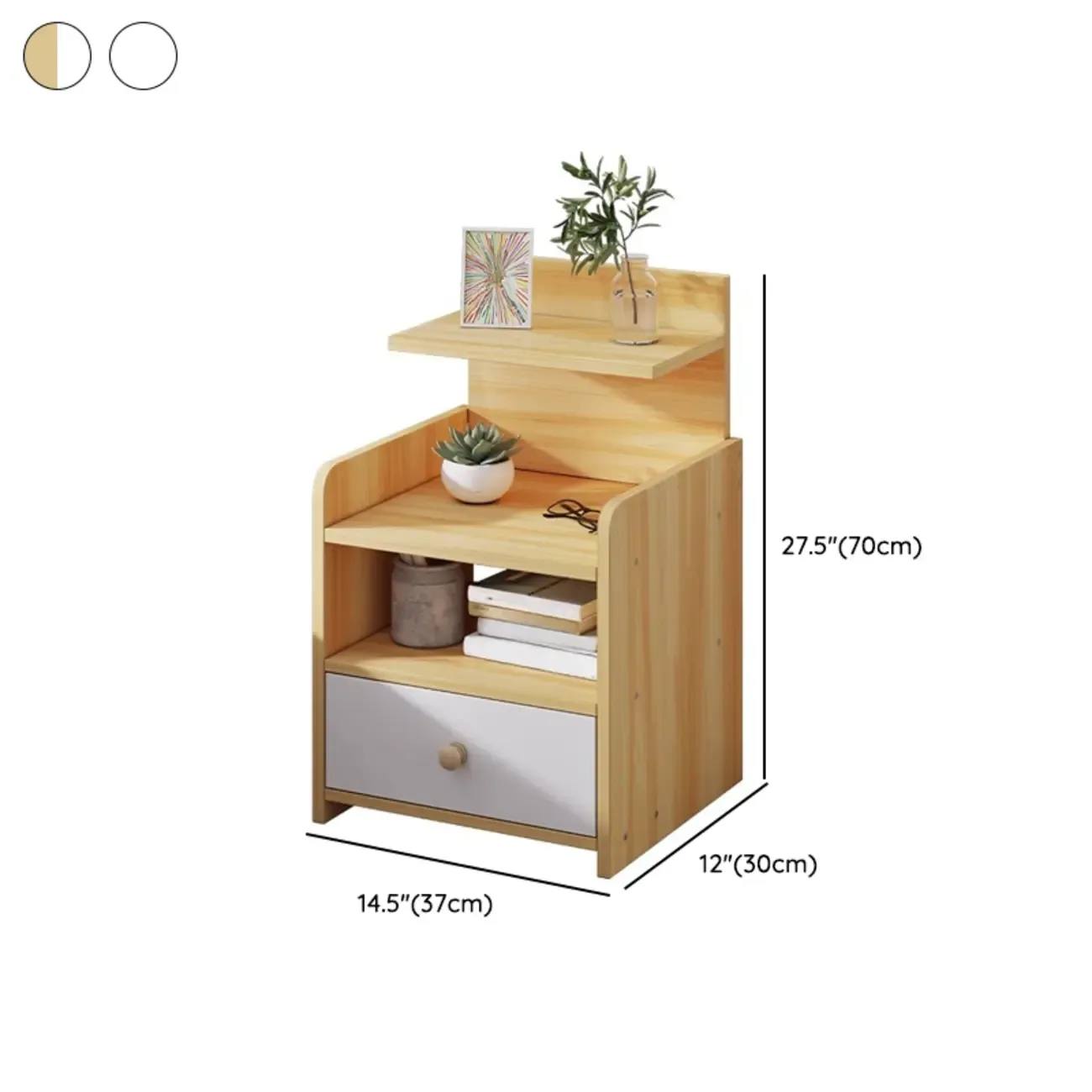 Wooden Modern Open Storage Nightstand with Drawers #size