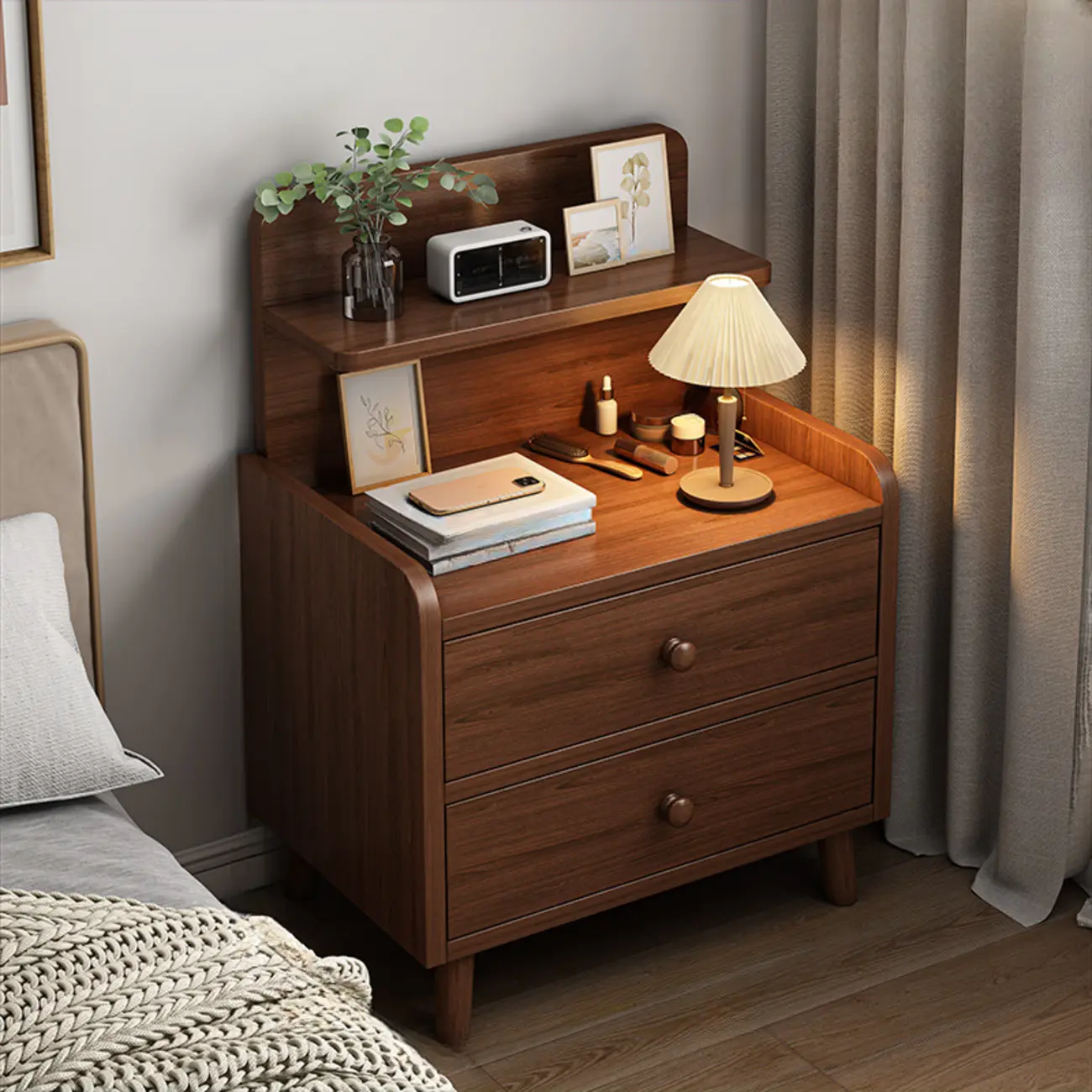 Narrow 2-Drawer Wooden Storage Nightstand in Nut-Brown Image - 1 | homeyfad