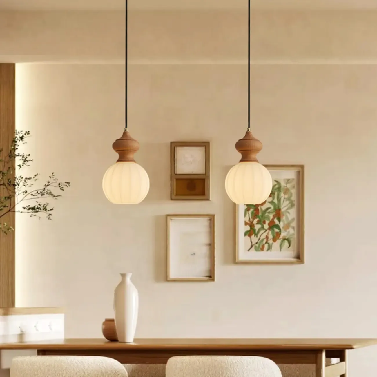Modern Wood Glass Pendant Light for Bedroom Image - 4
