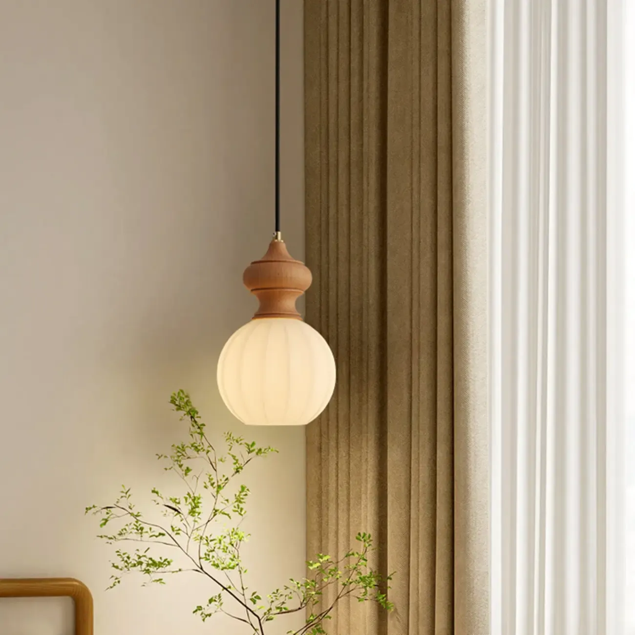 Modern Wood Glass Pendant Light for Bedroom Image - 6
