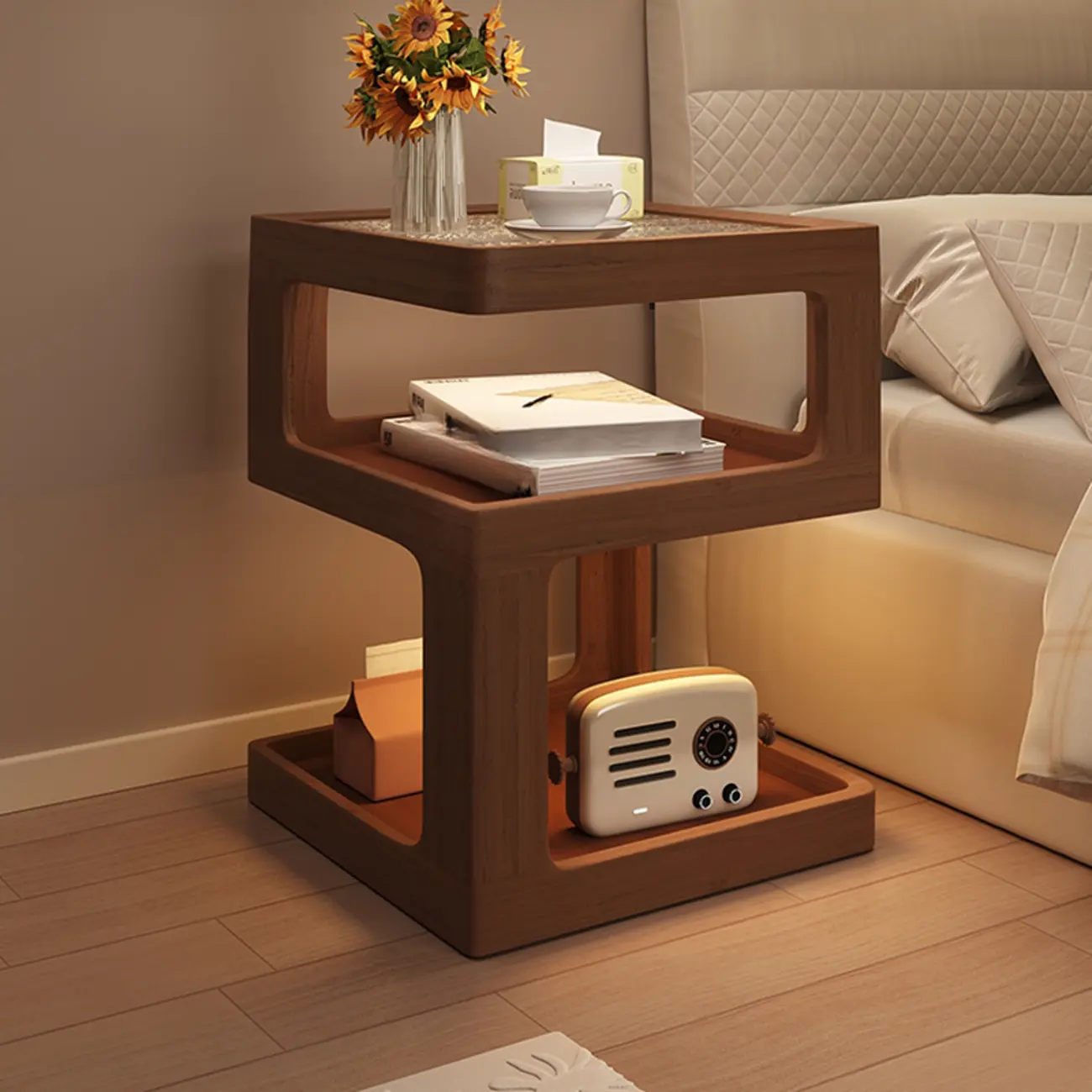 Cubic Glass Top Rubberwood Open Storage Nightstand with Light Image - 1 | homeyfad