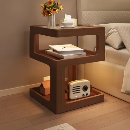 Cubic Glass Top Rubberwood Open Storage Nightstand with Light Image - 1