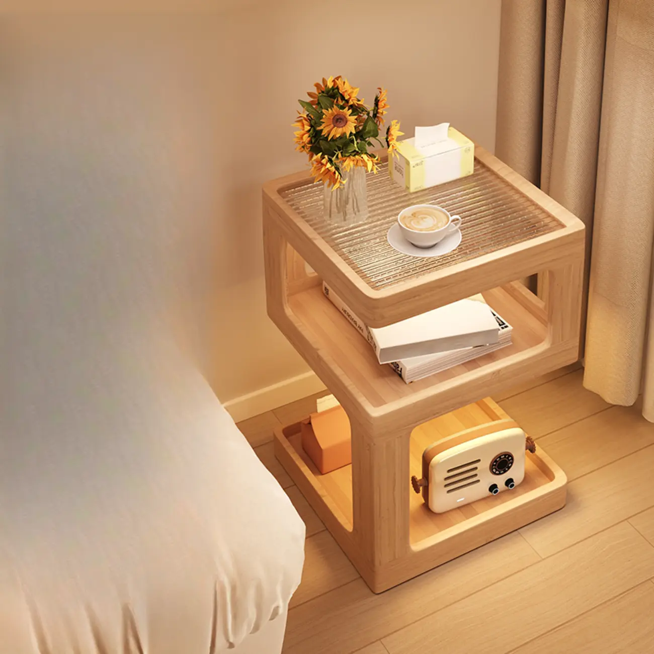 Cubic Glass Top Rubberwood Open Storage Nightstand with Light Image - 2 | homeyfad