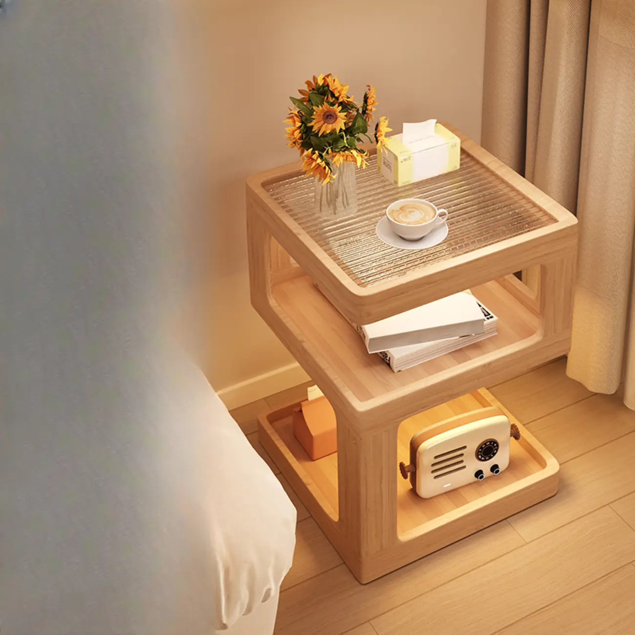 Cubic Glass Top Rubberwood Open Storage Nightstand with Light Image - 5 | homeyfad