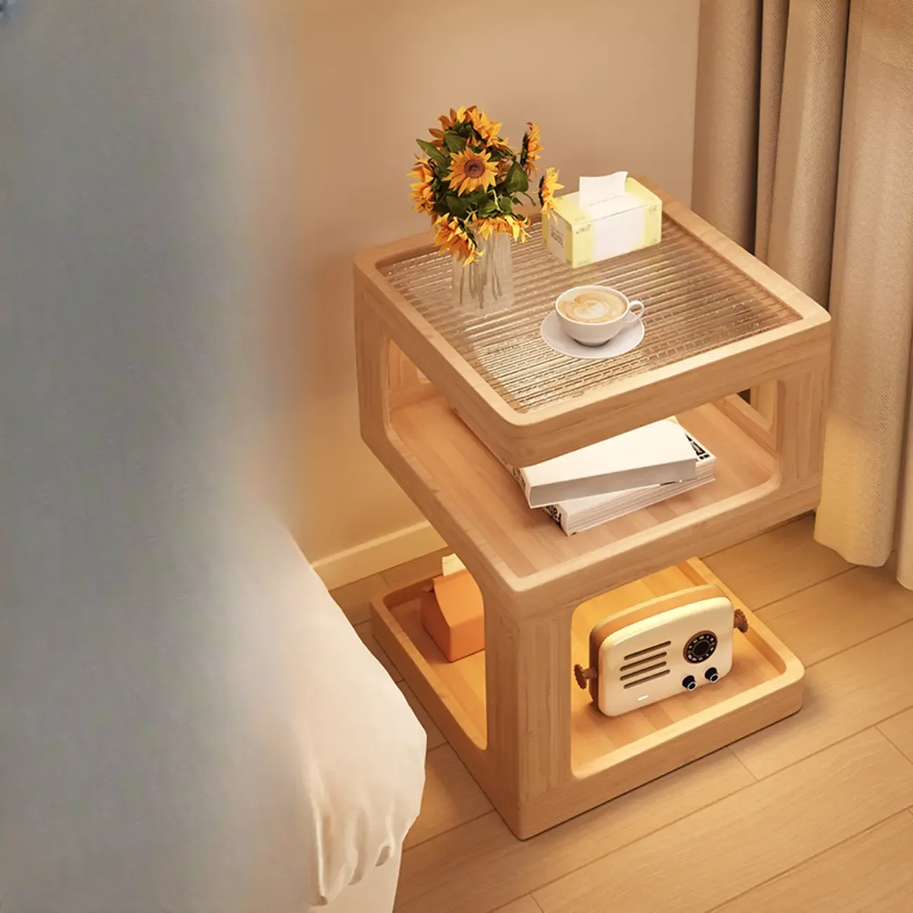 Cubic Glass Top Rubberwood Open Storage Nightstand with Light Image - 5