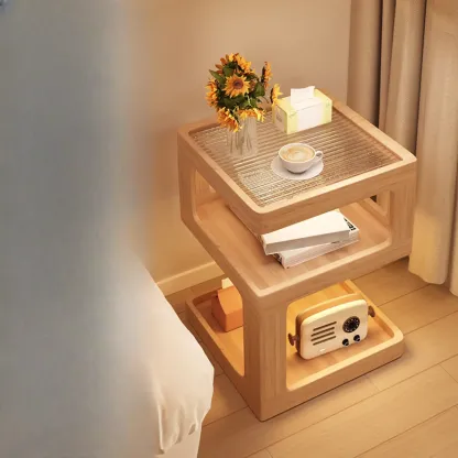 Cubic Glass Top Rubberwood Open Storage Nightstand with Light Image - 5