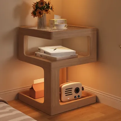 Cubic Glass Top Rubberwood Open Storage Nightstand with Light Image - 3