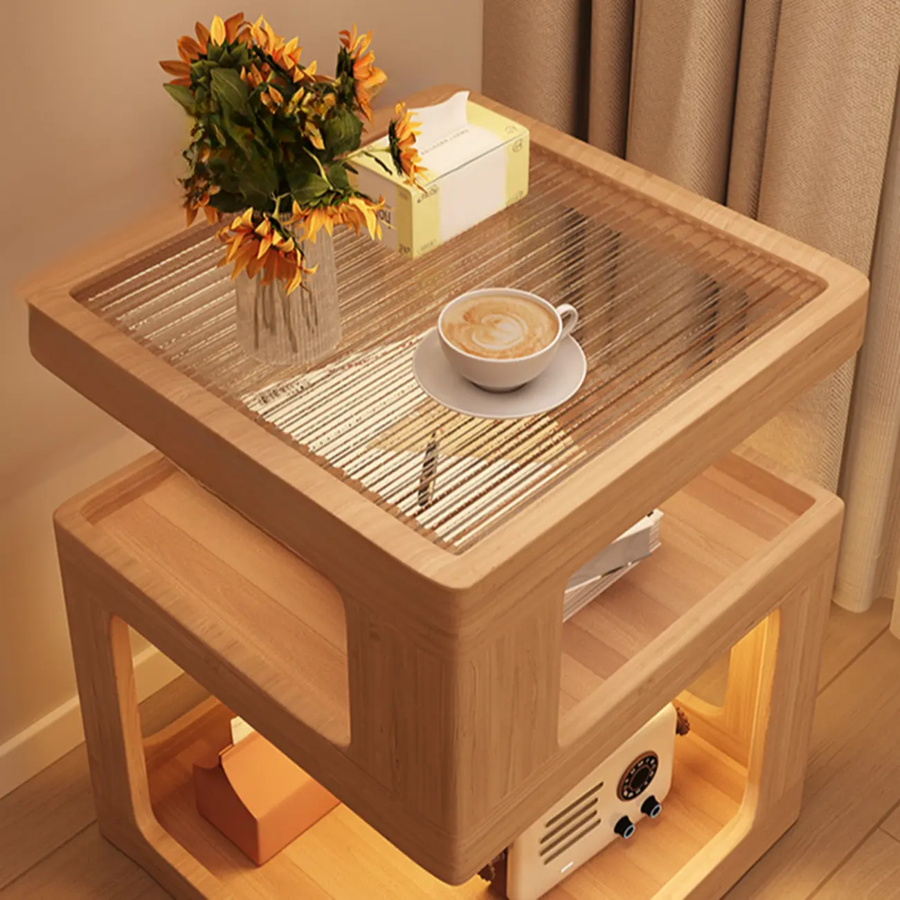 Cubic Glass Top Rubberwood Open Storage Nightstand with Light Image - 4 | homeyfad