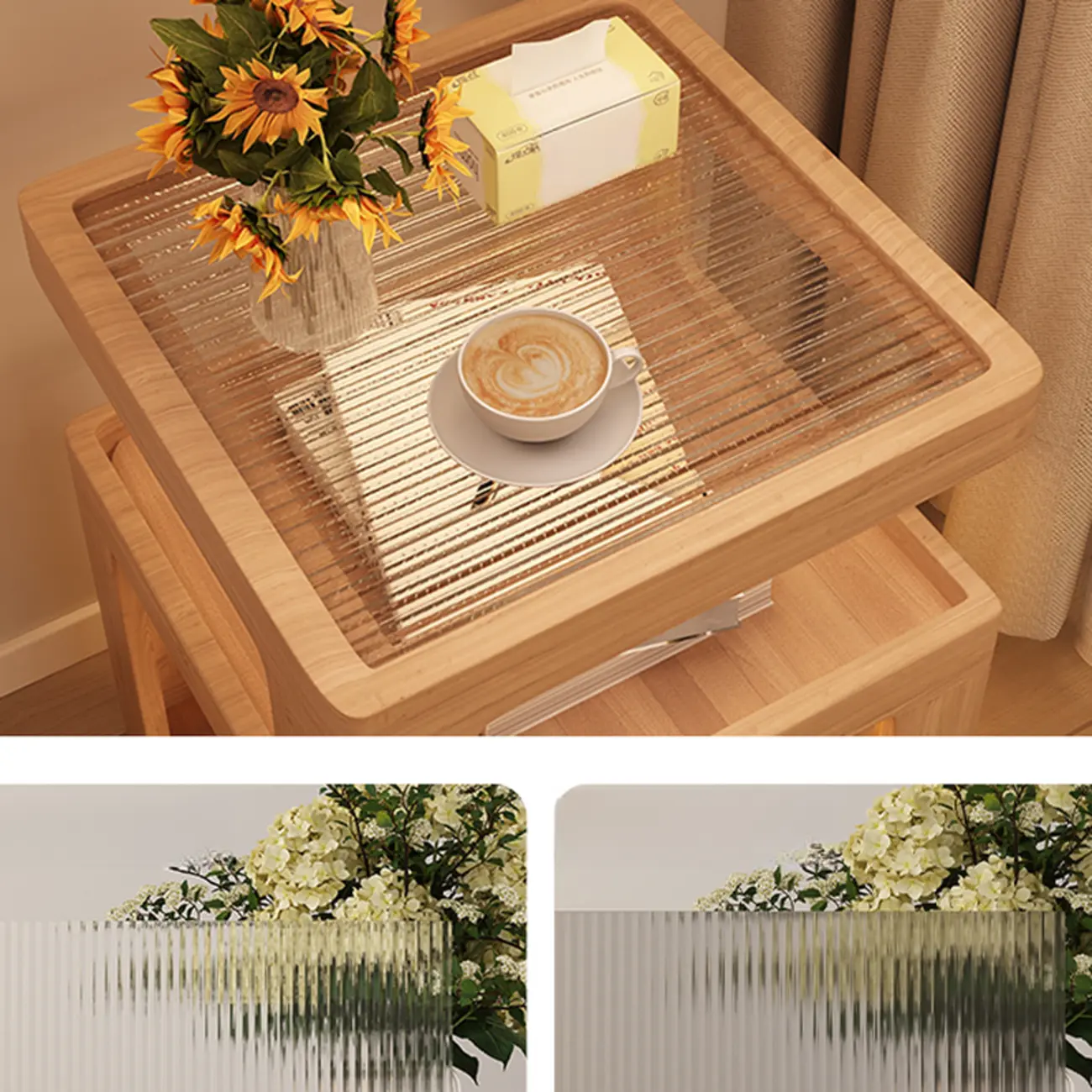 Cubic Glass Top Rubberwood Open Storage Nightstand with Light Image - 8 | homeyfad