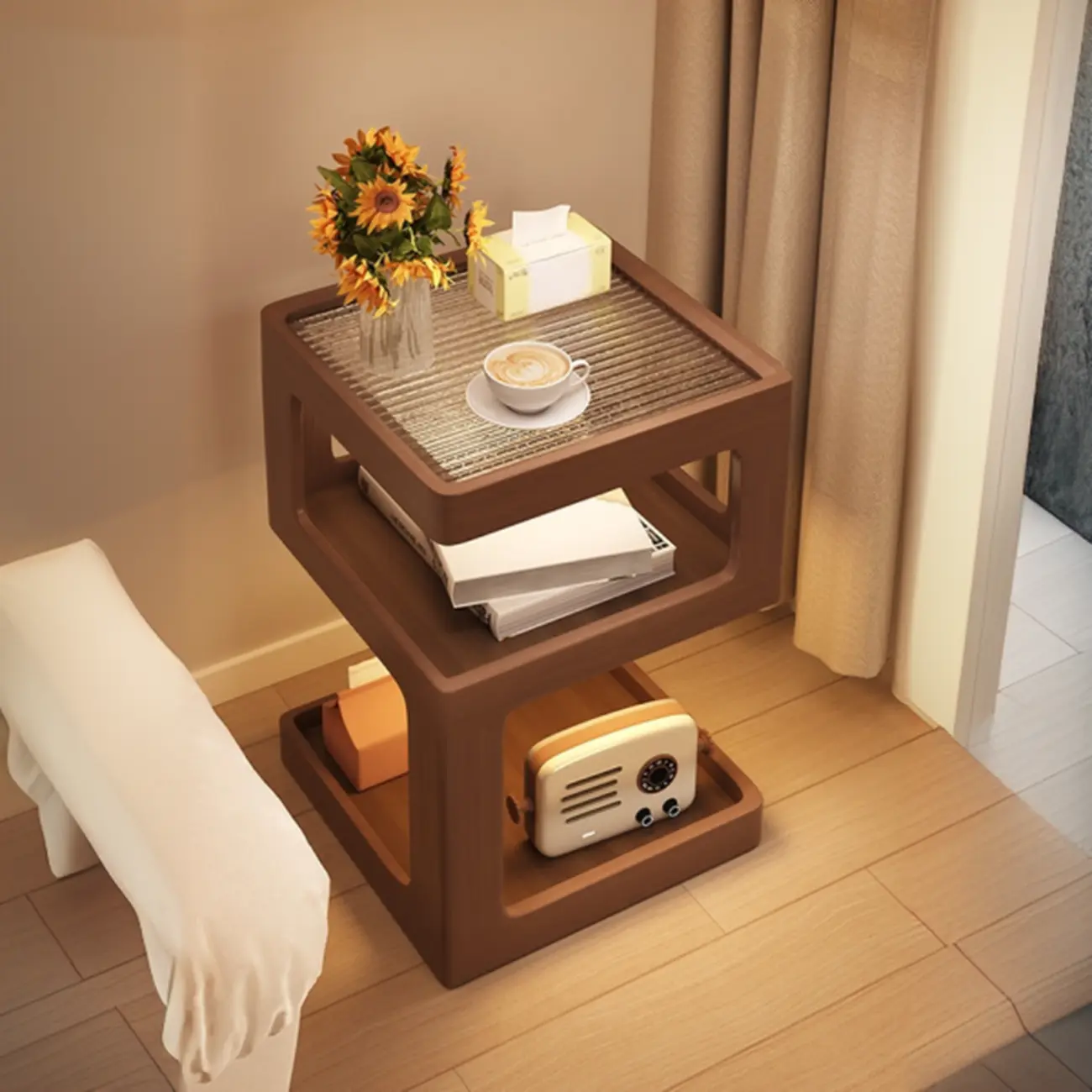 Cubic Glass Top Rubberwood Open Storage Nightstand with Light Image - 9 | homeyfad