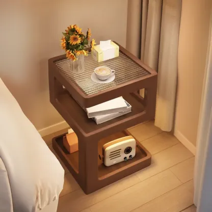 Cubic Glass Top Rubberwood Open Storage Nightstand with Light Image - 11