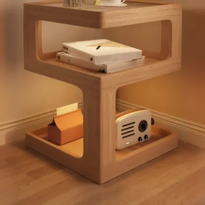 Cubic Glass Top Rubberwood Open Storage Nightstand with Light Image - 12