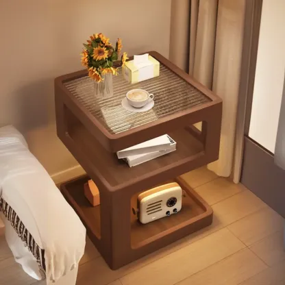Cubic Glass Top Rubberwood Open Storage Nightstand with Light Image - 15