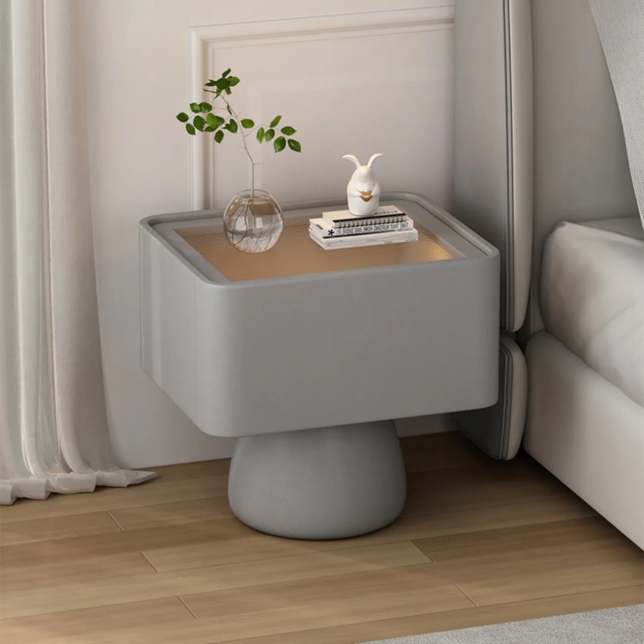 Art Decor Glass Top Beige Wood Drawer Nightstand Image - 5 | homeyfad