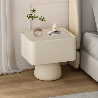 Art Decor Glass Top Beige Wood Drawer Nightstand Image - 2