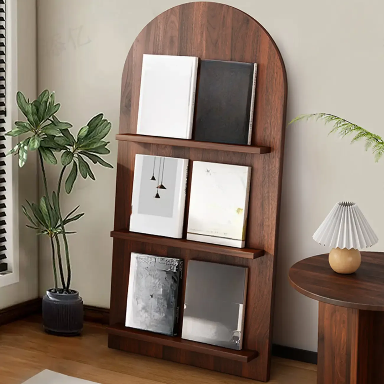 Shallow Simple 3-Shelf Ached Wood Bookcase with Closed Back Image - 1