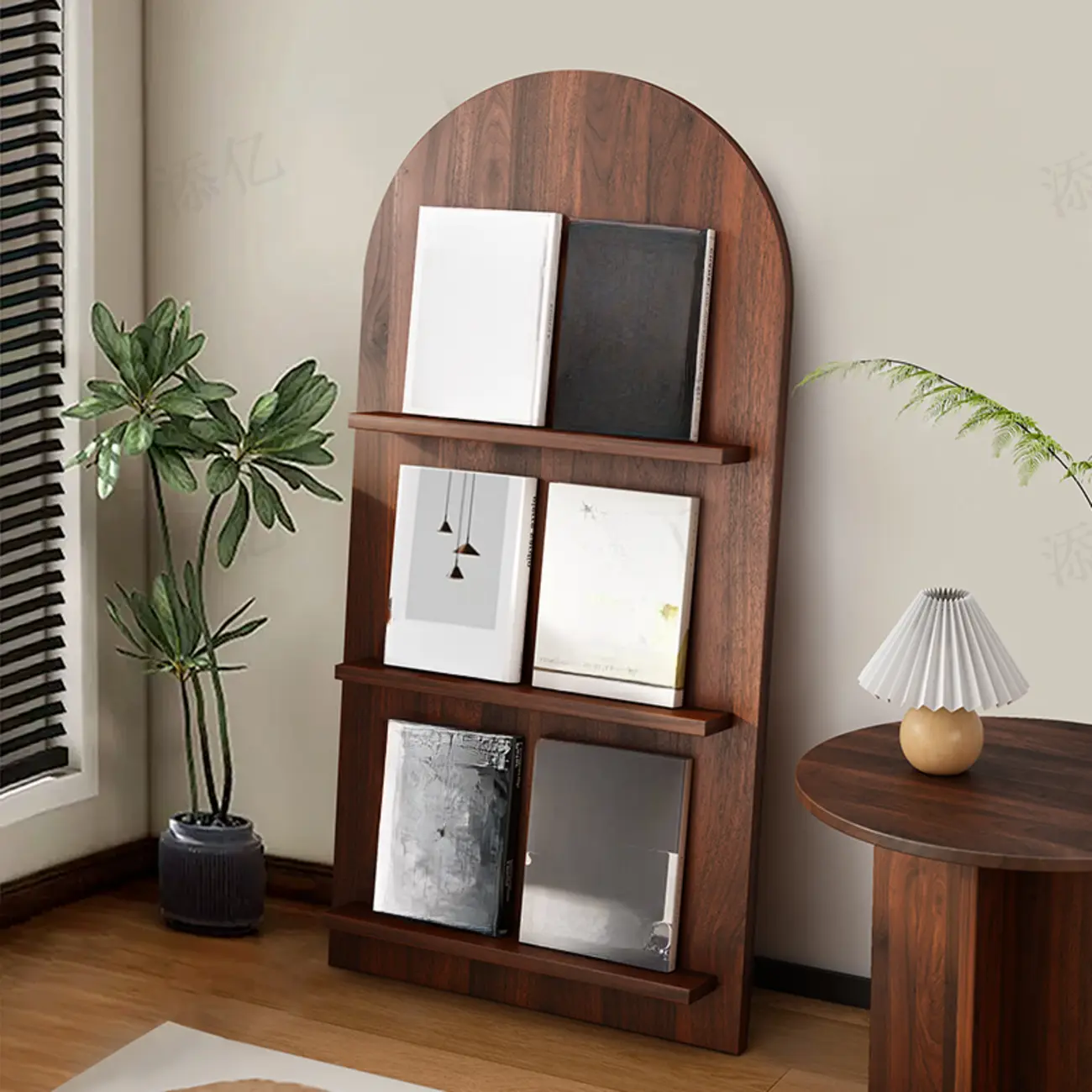 Shallow Simple 3-Shelf Ached Wood Bookcase with Closed Back Image - 12 | homeyfad