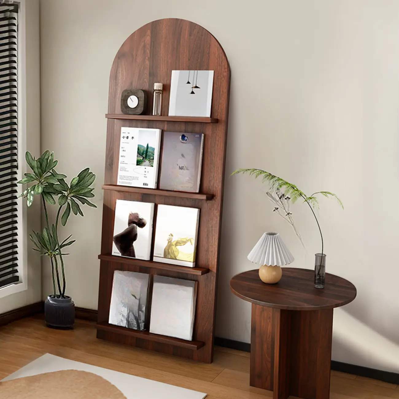 Shallow Simple 3-Shelf Ached Wood Bookcase with Closed Back Image - 4 | homeyfad