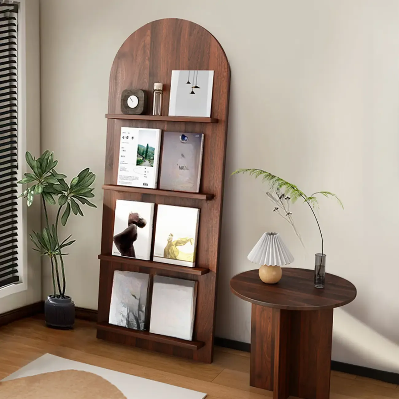 Shallow Simple 3-Shelf Ached Wood Bookcase with Closed Back Image - 4