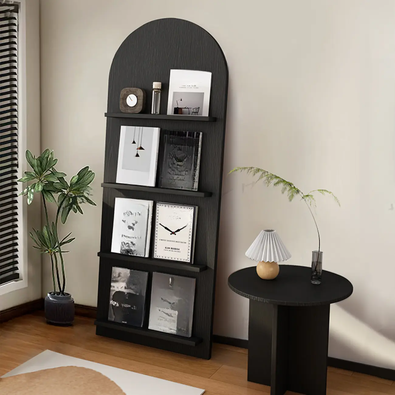 Shallow Simple 3-Shelf Ached Wood Bookcase with Closed Back Image - 5 | homeyfad