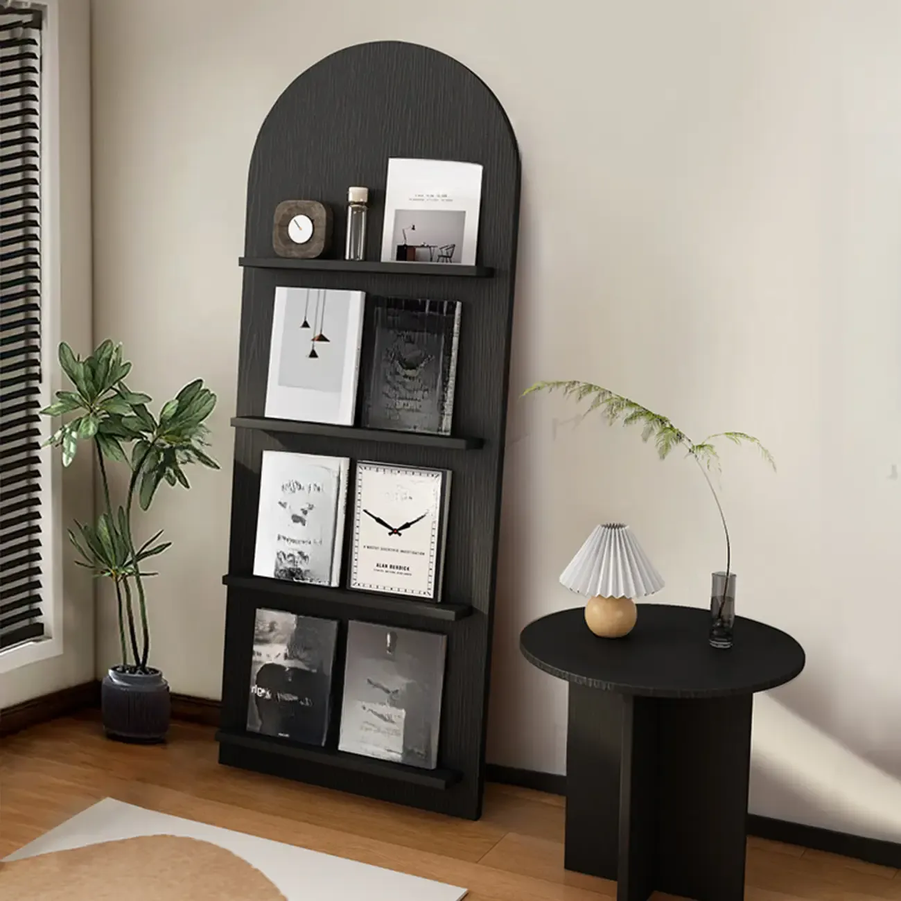 Shallow Simple 3-Shelf Ached Wood Bookcase with Closed Back Image - 5