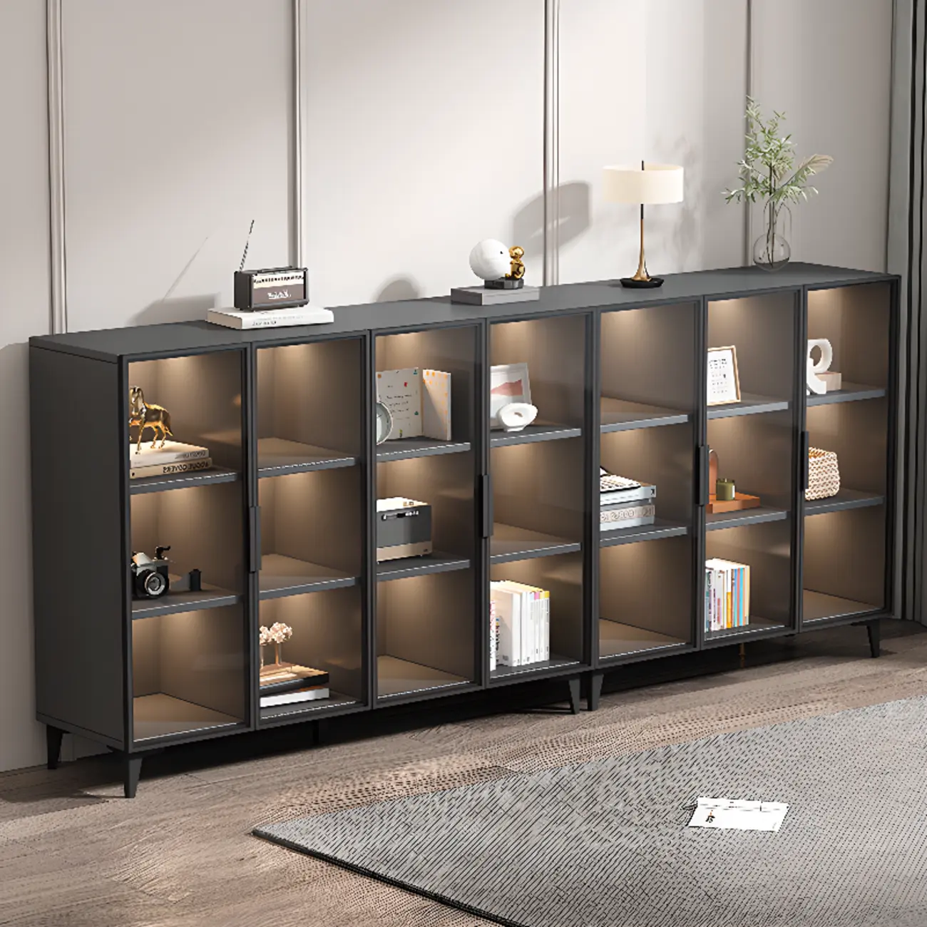 Rectangular Black Metal Glass Door Cabinet Bookcase Image - 1 | homeyfad