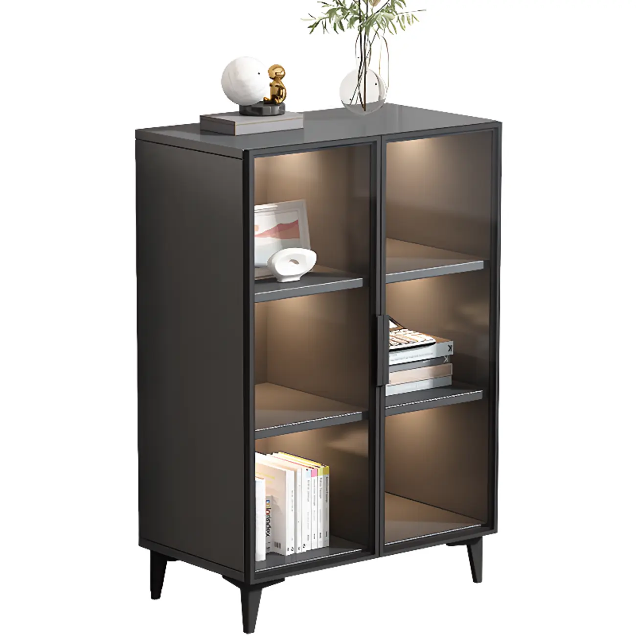 Rectangular Black Metal Glass Door Cabinet Bookcase Image - 2 | homeyfad