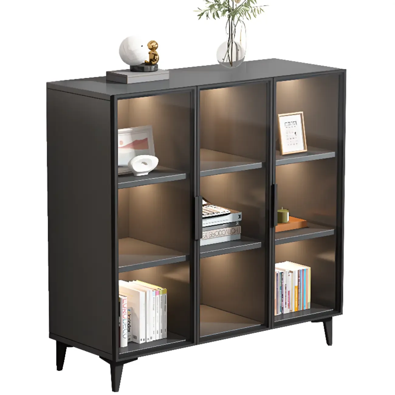 Rectangular Black Metal Glass Door Cabinet Bookcase Image - 3