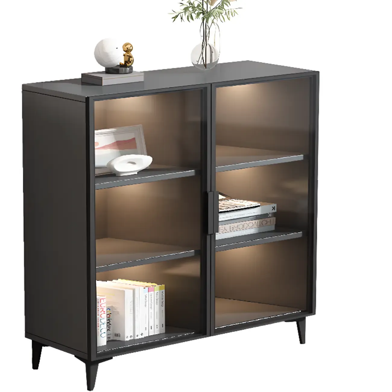 Rectangular Black Metal Glass Door Cabinet Bookcase Image - 5