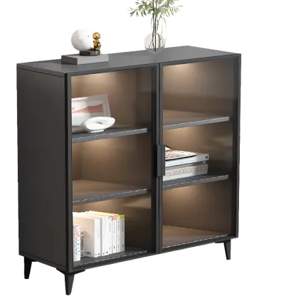Rectangular Black Metal Glass Door Cabinet Bookcase Image - 5
