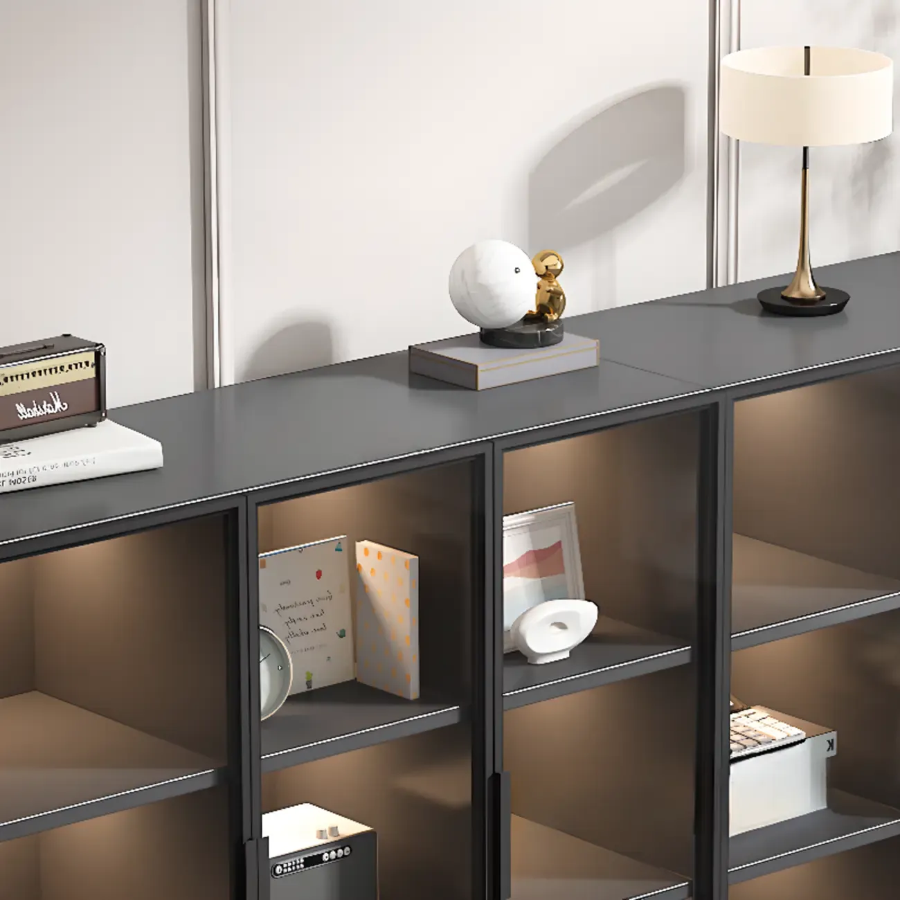 Rectangular Black Metal Glass Door Cabinet Bookcase Image - 6