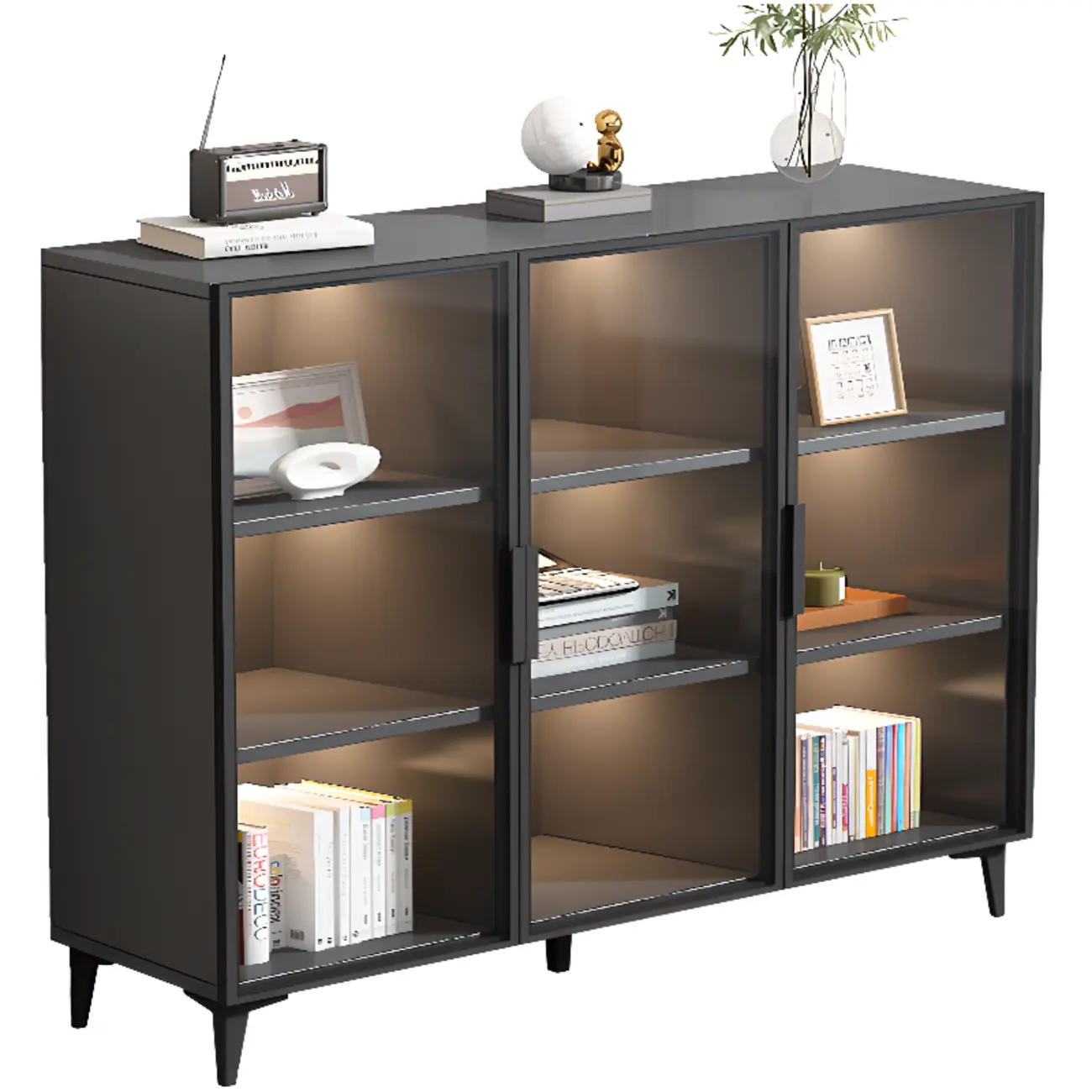 Rectangular Black Metal Glass Door Cabinet Bookcase Image - 7 | homeyfad