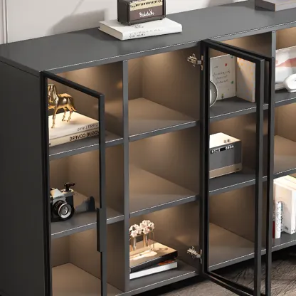 Rectangular Black Metal Glass Door Cabinet Bookcase Image - 8